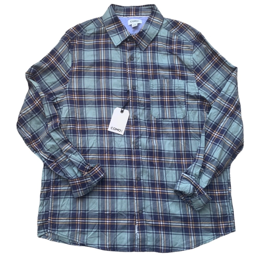 COMO MAN Woven Button Down Shirt Men's Size Large Teal Blue Plaid Lightweight